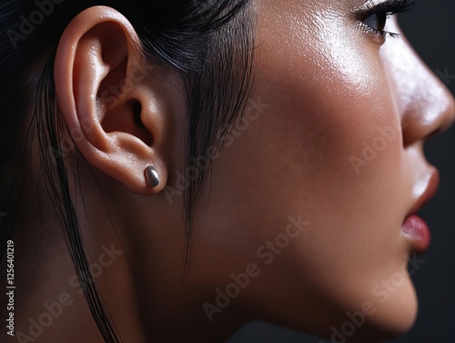 A close up of a woman's face with a pair of earrings on her ear photo