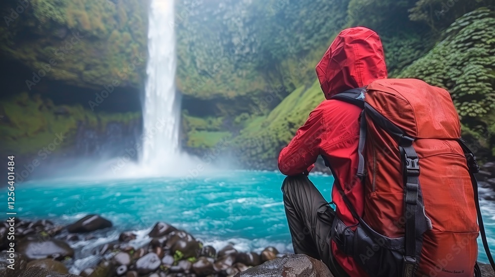 Visitor admiring a spectacular waterfall flowing into a turquoise pool amidst lush greenery Visitor admiring a spectacular waterfall flowing into a turquoise pool amidst lush greenery