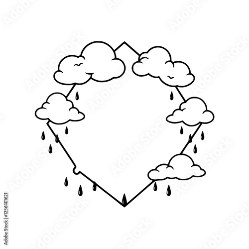 Diamond-shaped frame with clouds and rain drops.