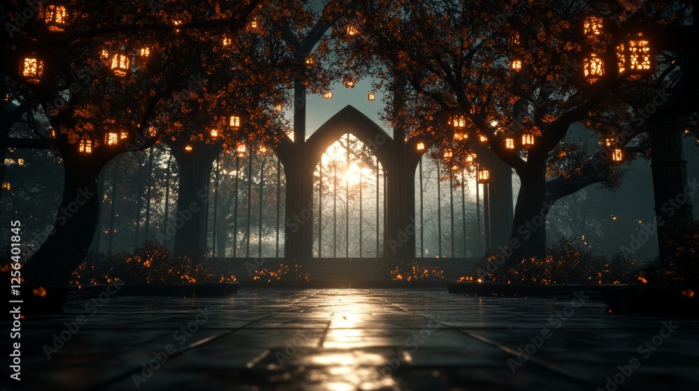 Enchanted garden at dusk. Trees adorned with glowing lanterns illuminate a stone pathway leading to a grand gothic window.