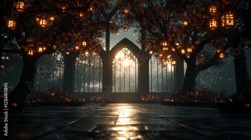 Obraz na płótnie Enchanted garden at dusk. Trees adorned with glowing lanterns illuminate a stone pathway leading to a grand gothic window. w salonie