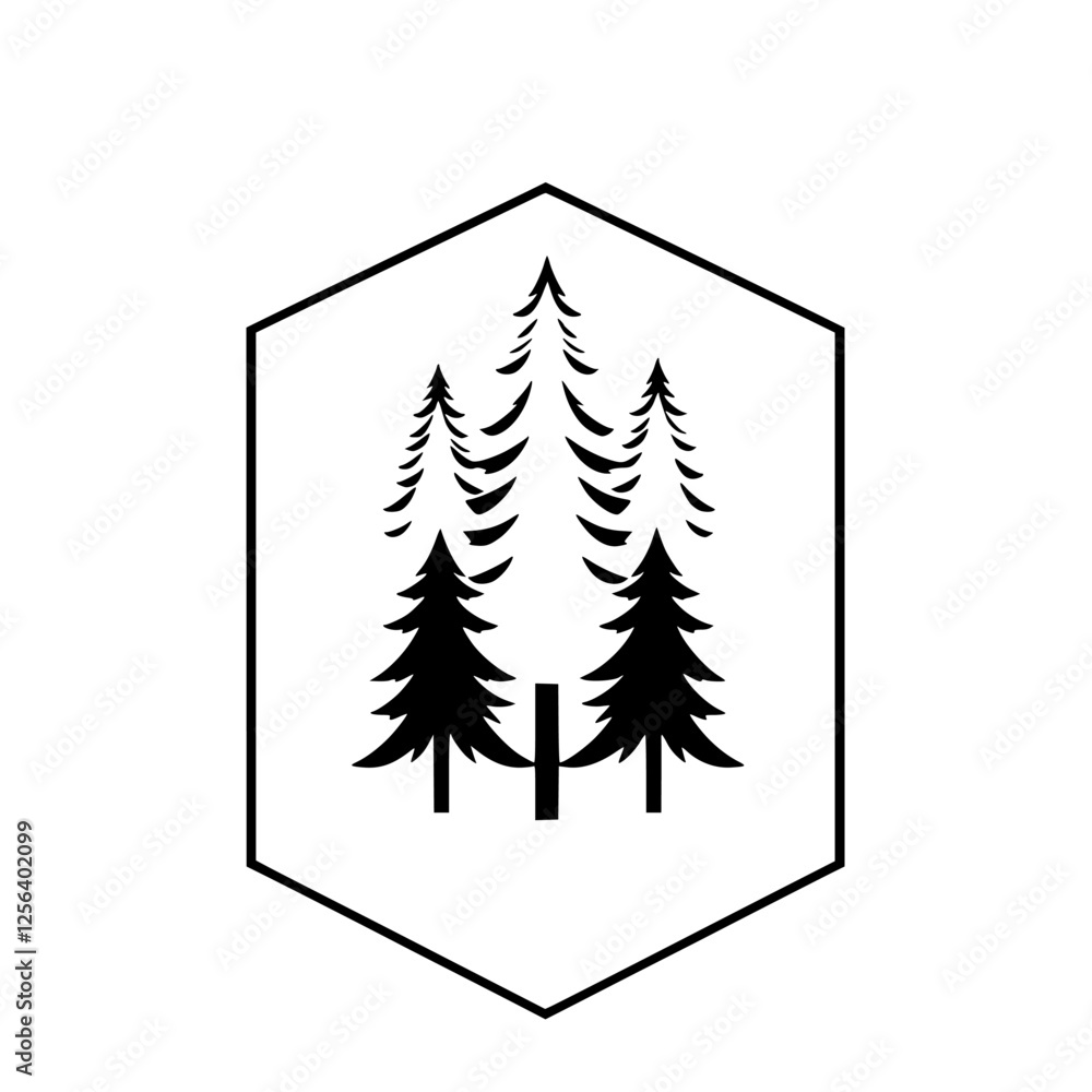 Obraz premium Minimalist Iconography: Silhouette of pine trees within a hexagonal frame.