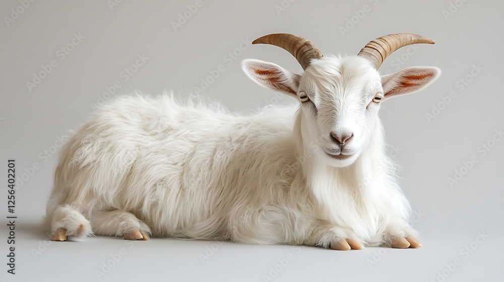 Fototapeta premium A white goat with curving horns lies calmly, looking forward