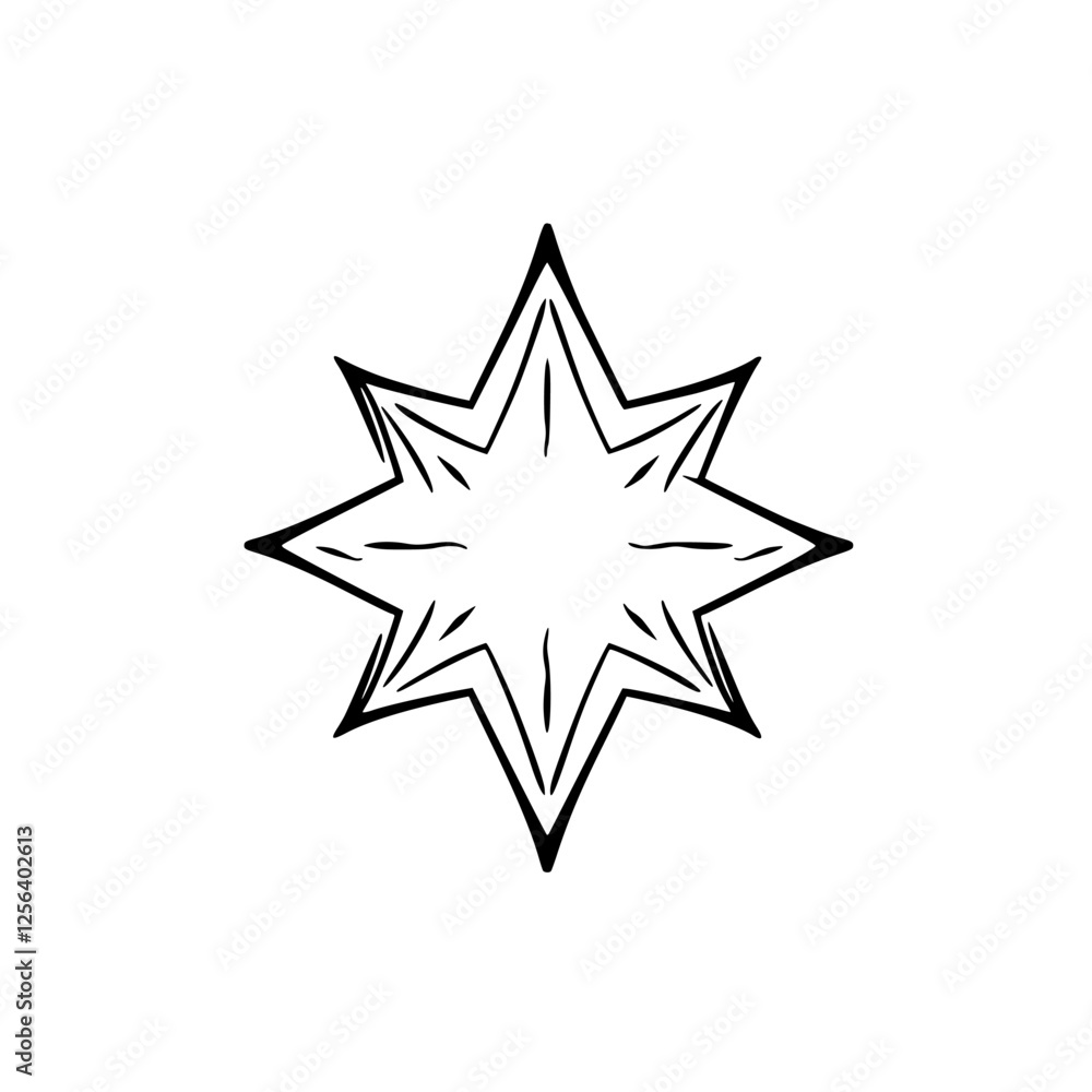 Hand-drawn eight-pointed star on white background, featuring minimalist simplicity, a simple, ink-like style. Hand-drawn eight-pointed star on white background, featuring minimalist simplicity, a simple, ink-like style.