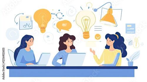 Businesswomen brainstorming creative ideas on a laptop, discussing strategies at a shared desk in an office