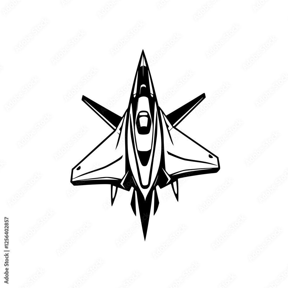 Futuristic fighter jet, black and white graphic, overhead view. Futuristic fighter jet in a minimalist style vector illustration in the overhead shot. Futuristic fighter jet, black and white graphic, overhead view. Futuristic fighter jet in a minimalist style vector illustration in the overhead shot.