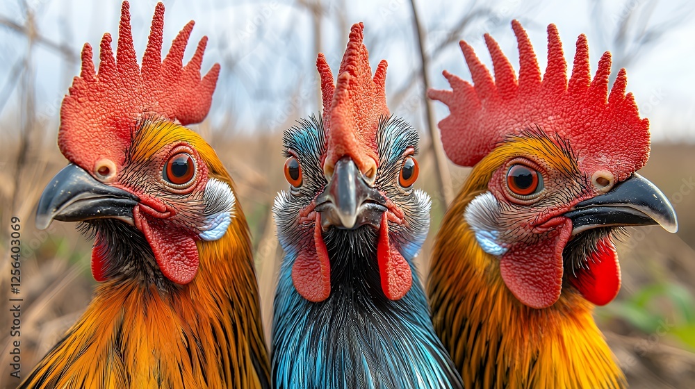 Fototapeta premium Three Roosters Portrait with Red Combs and Colorful Feathers Standing Together