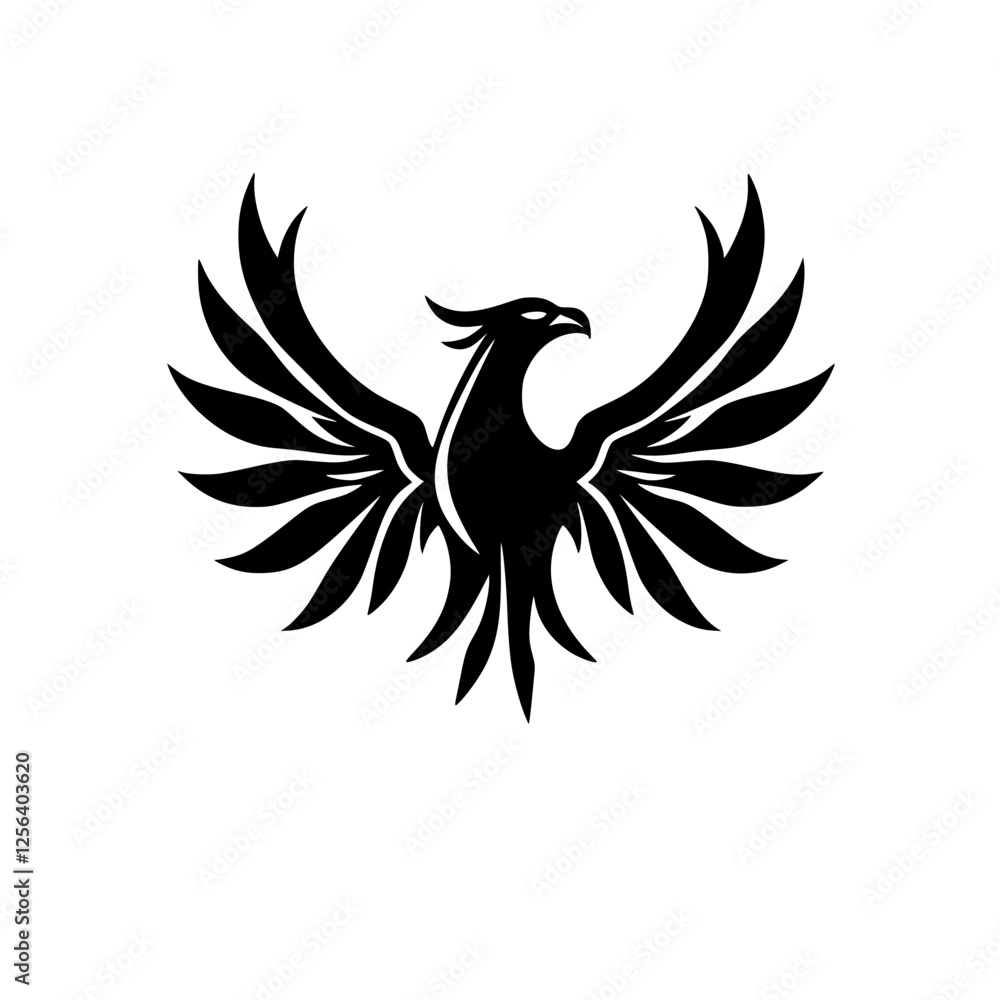 Fototapeta premium Black Phoenix: A symmetrical and stylized representation of a phoenix with open wings, isolated on a white background. The sleek, monochrome design emphasizes grace and power.