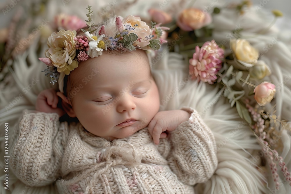 Intimate portrait of a slumbering infant snuggled in a gentle, pastel-hued blanket, surrounded by dainty flowers. Intimate portrait of a slumbering infant snuggled in a gentle, pastel-hued blanket, surrounded by dainty flowers.