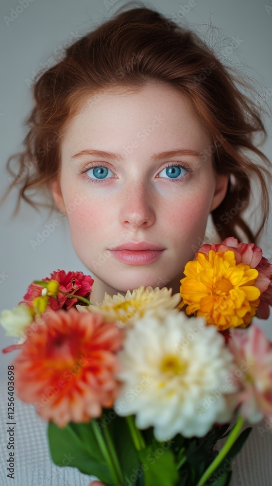 Portrait of a young woman with striking blue eyes surrounded by colorful flowers in a close-up view Portrait of a young woman with striking blue eyes surrounded by colorful flowers in a close-up view