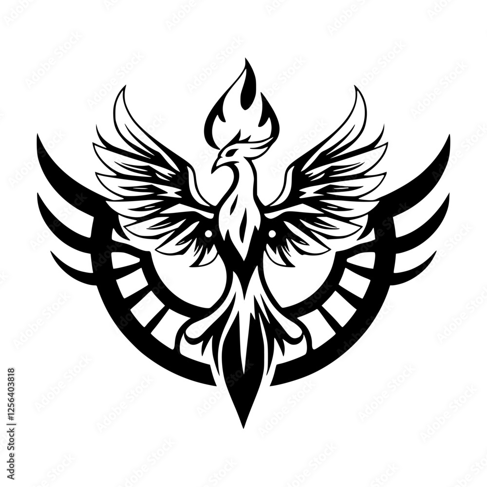 Fototapeta premium Majestic Phoenix in Black & White, Rising Icon: a stylized illustration of the firebird.