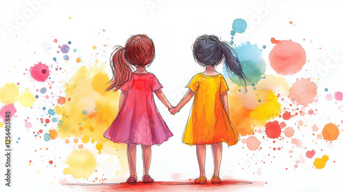 Artistic watercolor painting of two young girls holding hands in colorful dresses with bright abstract splashes, symbolizing friendship, innocence, unity, joy, happiness, and childhood memories