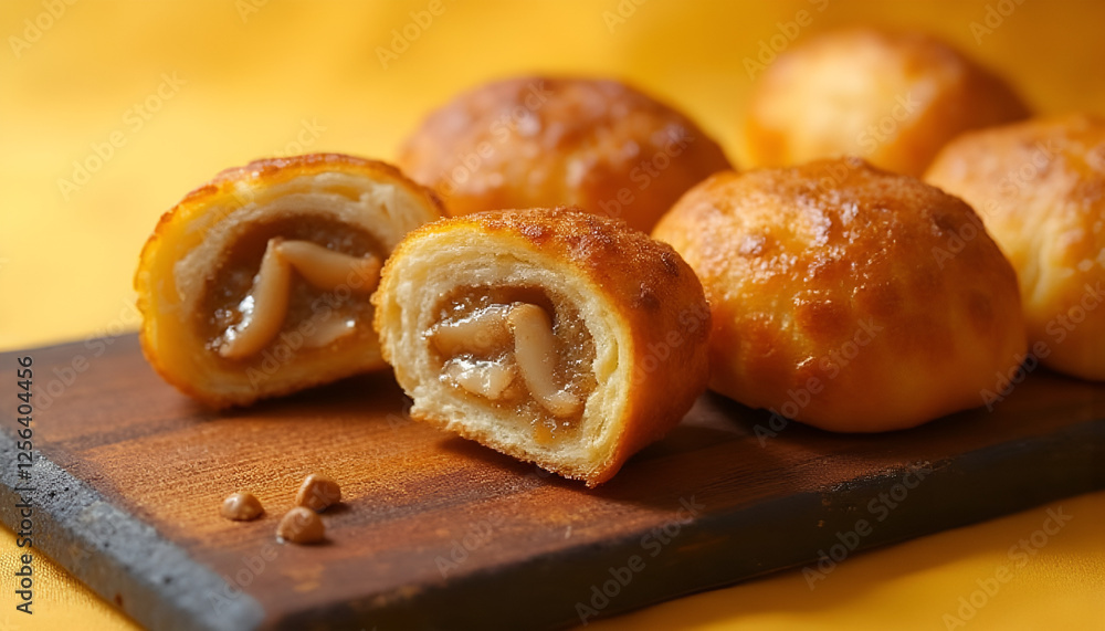 Freshly baked golden pastries with sweet filling on a rustic wooden board, appetizing view
Freshly baked golden pastries with sweet filling on a rustic wooden board, appetizing view