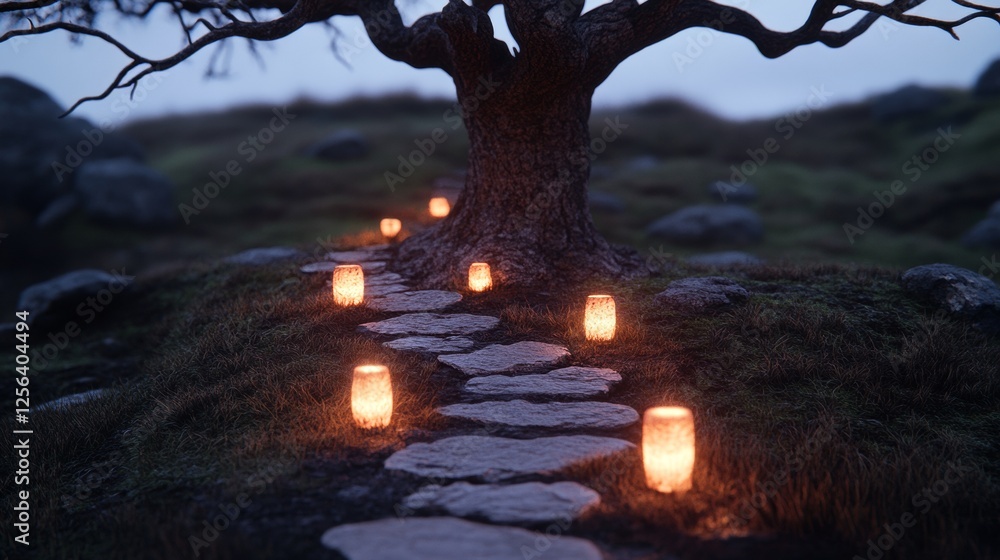 Fototapeta premium A stone path lit by warm candlelight winds through a mystical landscape, under the boughs of a large tree.