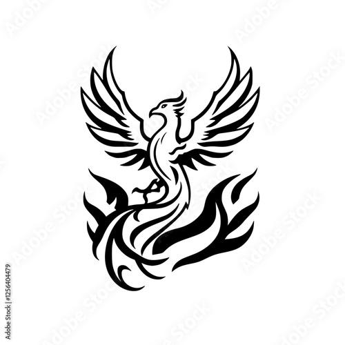 Phoenix rising from fire, minimalistic graphic depiction.