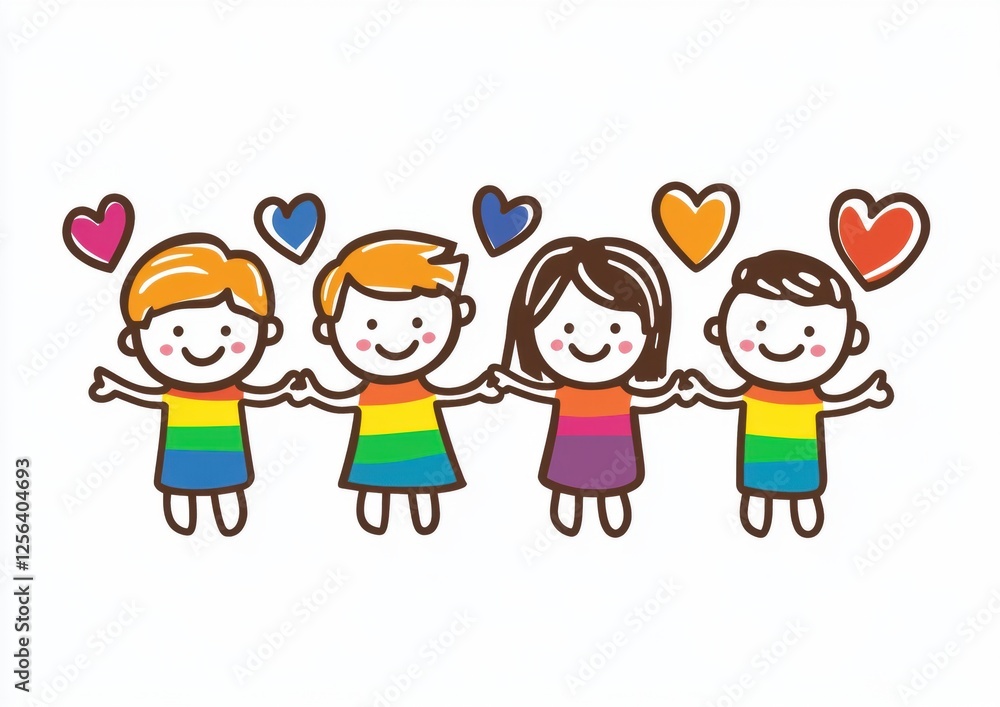 A simple drawing of four children holding hands, smiling and waving happily with rainbow colors on a white background Generative AI A simple drawing of four children holding hands, smiling and waving happily with rainbow colors on a white background Generative AI