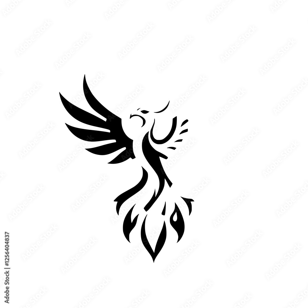 Phoenix Silhouette: A black and white minimalist illustration of a soaring phoenix with outstretched wings, on a white background. Phoenix Silhouette: A black and white minimalist illustration of a soaring phoenix with outstretched wings, on a white background.