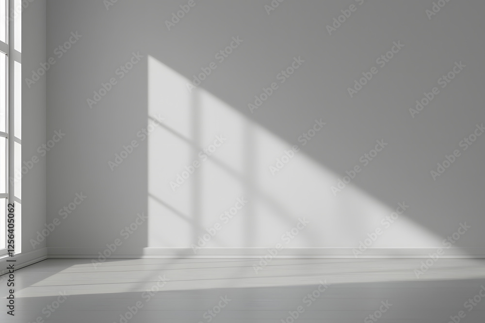 Bright empty room with sunlight streaming through a window, creating a shadow pattern on the wall. Minimalist aesthetic, white walls and floor. Bright empty room with sunlight streaming through a window, creating a shadow pattern on the wall. Minimalist aesthetic, white walls and floor.