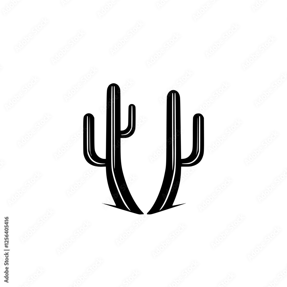 Obraz premium Desert Cactus Sunset Silhouette: A simple, minimalist drawing of two symmetric black cactus shapes with thin white trim against white background.