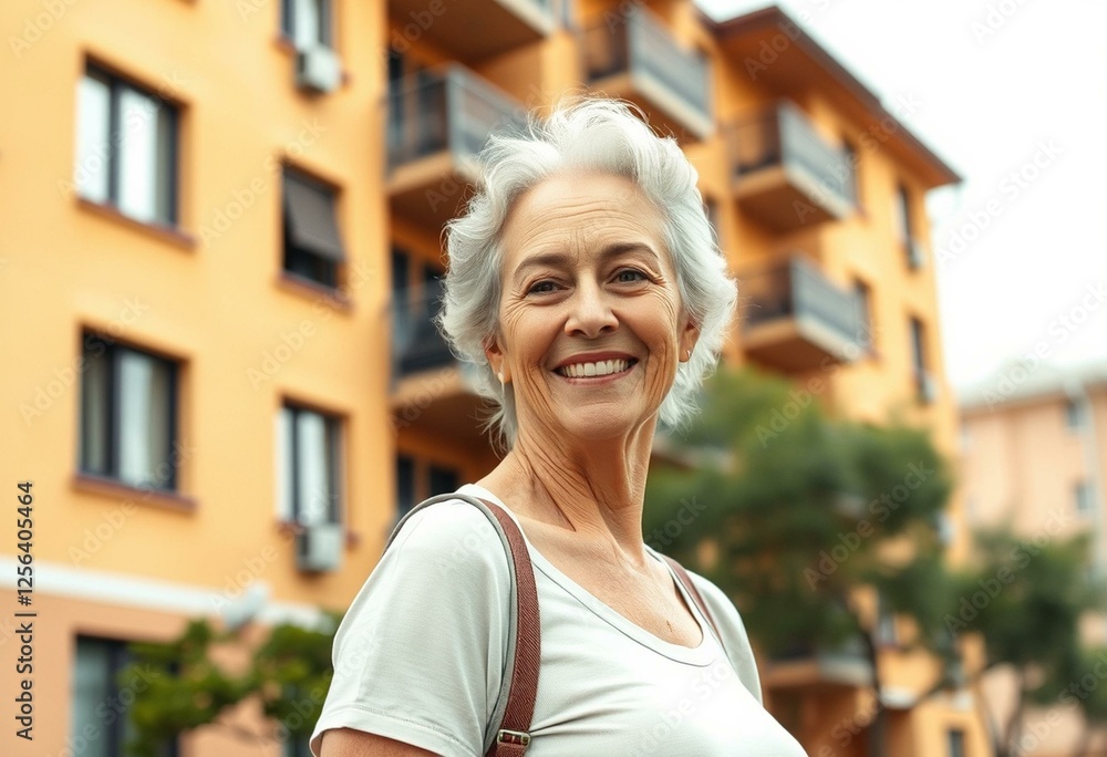 Fototapeta premium Portrait of a happy elderly woman standing in front of a residential building