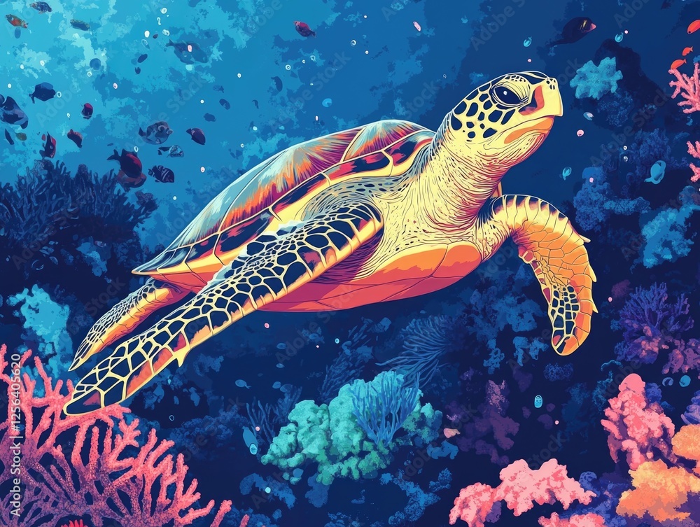 Turtle Diving in Coral Reef Turtle Diving in Coral Reef