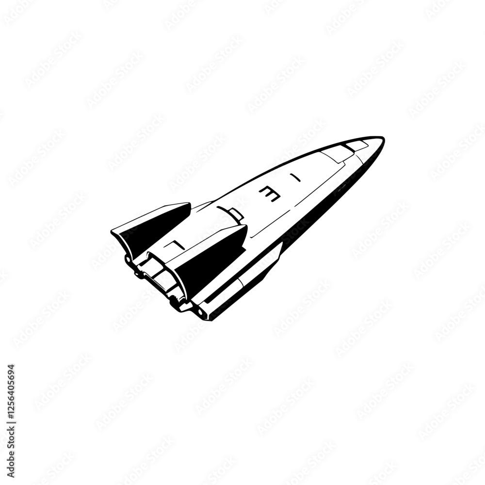 Black and White graphic illustration of a space shuttle. A view from an isometric perspective, set on a white background. Black and White graphic illustration of a space shuttle. A view from an isometric perspective, set on a white background.