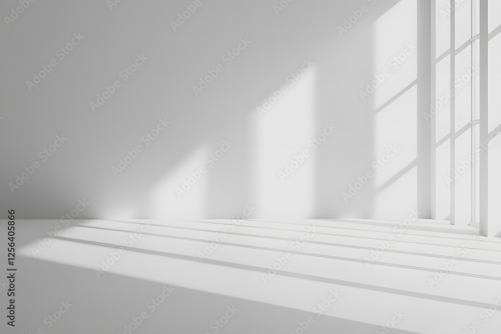 Minimalist white room flooded with natural light through window casting shadows on the wall and floor, clean simple design. Minimalist white room flooded with natural light through window casting shadows on the wall and floor, clean simple design.
