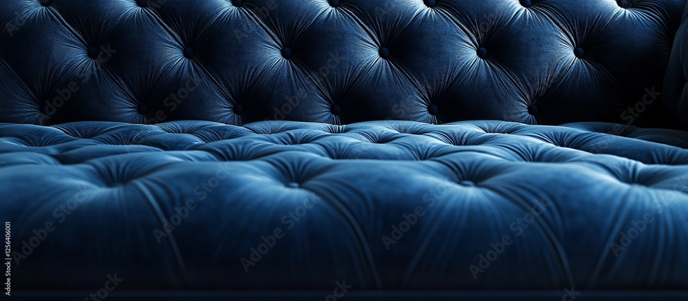 Fototapeta premium Elegant blue tufted velvet couch showcasing intricate details and soft texture in a modern setting