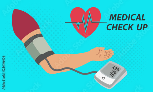 Vector illustration of blood pressure measurement with hand, digital sphygmomanometer and heart. Ideal for design in the field of medicine, health care.