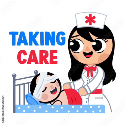 A flat sticker of a nurse taking care of patient 