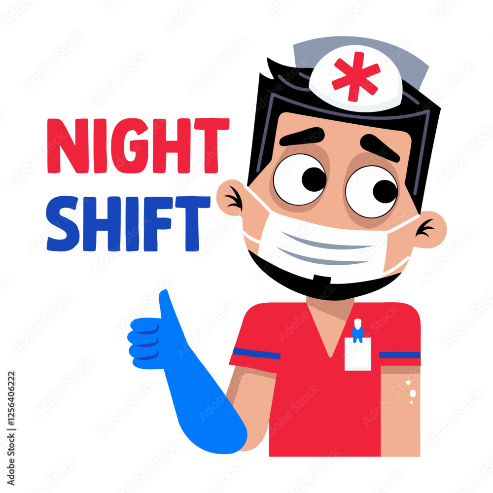 A flat sticker of medical character with night shift typography A flat sticker of medical character with night shift typography