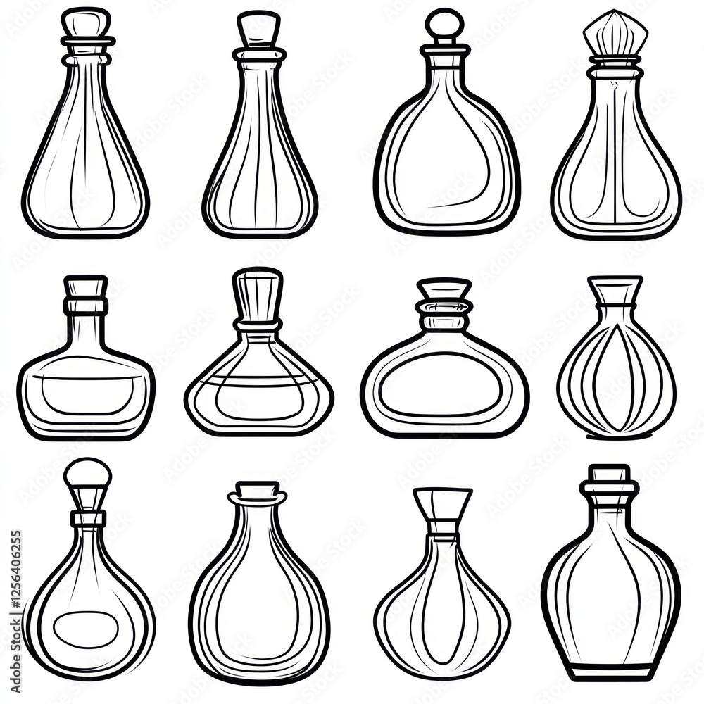 Twelve Elegant Outline Drawings Of Perfume Bottles Twelve Elegant Outline Drawings Of Perfume Bottles