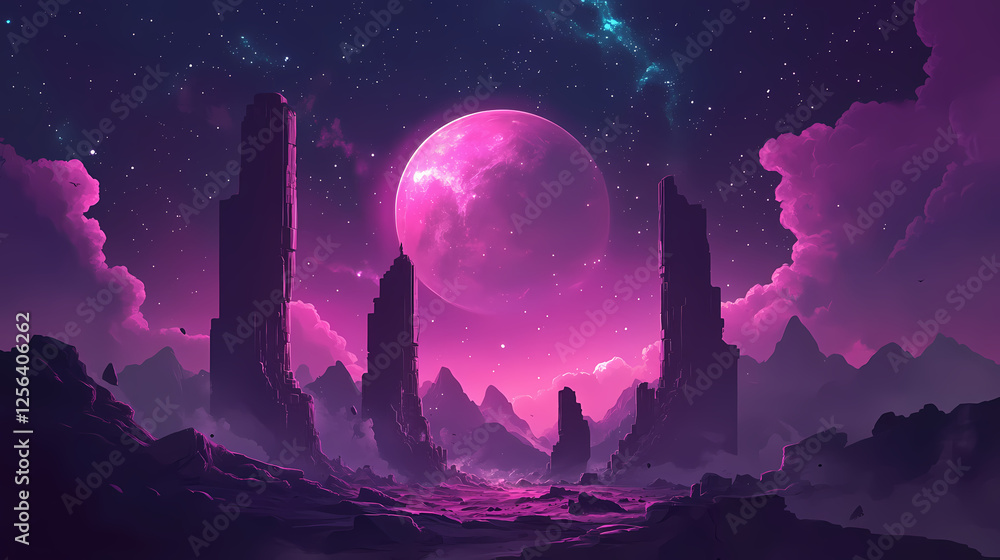 Majestic moon landscape: night sky, starry galaxy, celestial scene, space exploration, cosmic beauty. Lunar Ruins. Illustration Majestic moon landscape: night sky, starry galaxy, celestial scene, space exploration, cosmic beauty. Lunar Ruins. Illustration