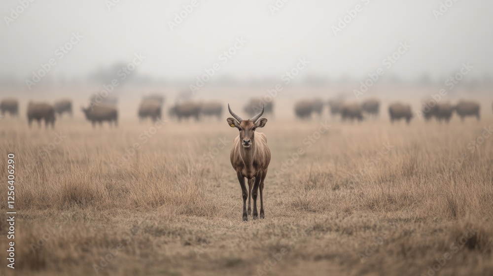 Naklejka premium Antelope facing camera, bison herd background, misty grassland, wildlife photography