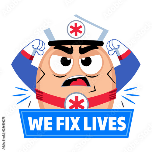 A flat sticker of a medical character with we fix lives typography 