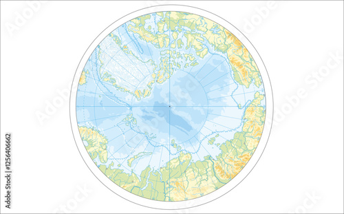 Vector drawing of geographical contour map
of world. Physical map of Arctic with Arctic Ocean,
North Pole, island of Greenland, rivers, seas, landscape. Fragment of continent of North America, Eurasia