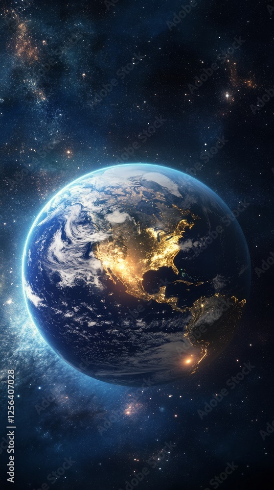 Fototapeta premium View of Earth at Night Highlighting Cities and Population Across Continents