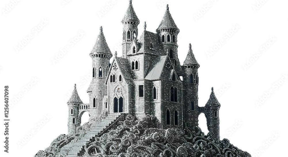 Obraz premium An intricate illustration of a silver rhinestone castle, sparkling with shimmering details and a glamorous, fantasy-like design.