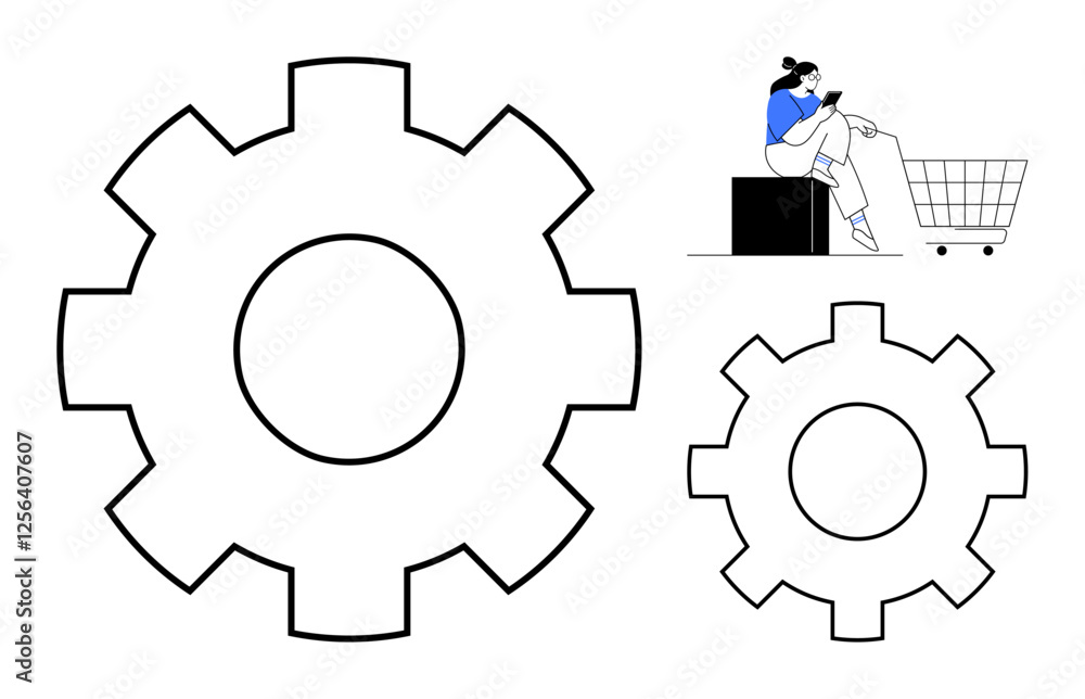 Two large interlocking gears, one smaller at the bottom right. Woman sitting on a cube with smartphone near a shopping cart. Ideal for business management, automation, e-commerce, technology Two large interlocking gears, one smaller at the bottom right. Woman sitting on a cube with smartphone near a shopping cart. Ideal for business management, automation, e-commerce, technology