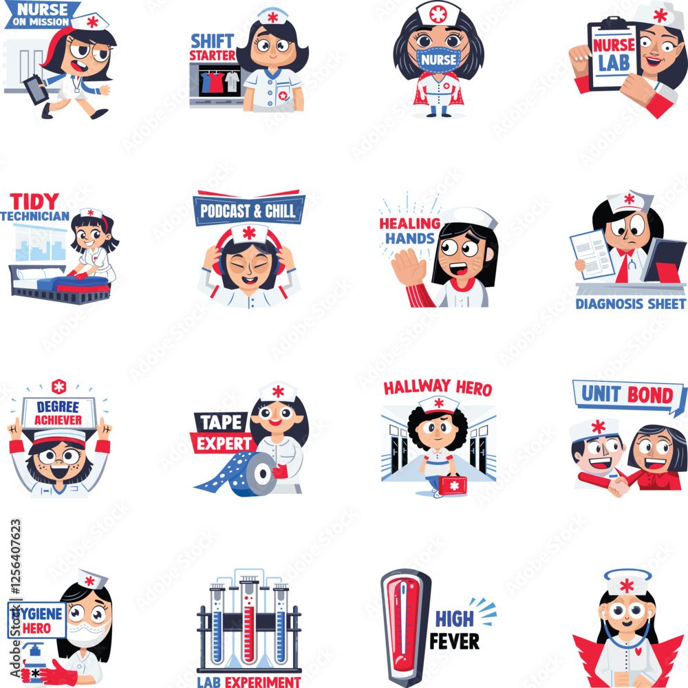 Set of Flat Style Nursing Life Stickers Set of Flat Style Nursing Life Stickers