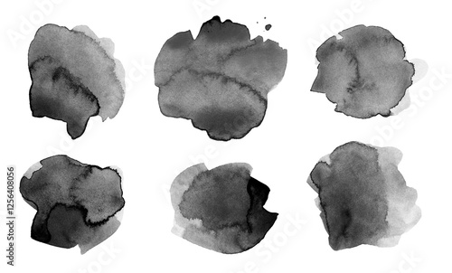 PNG Ink watercolor hand drawn drop blot. Wet flow black color grain texture grunge stain on transparent background. Set.