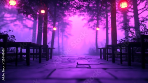 Mystical purple twilight descends upon a tranquil pathway lined with lanterns and wooden benches.