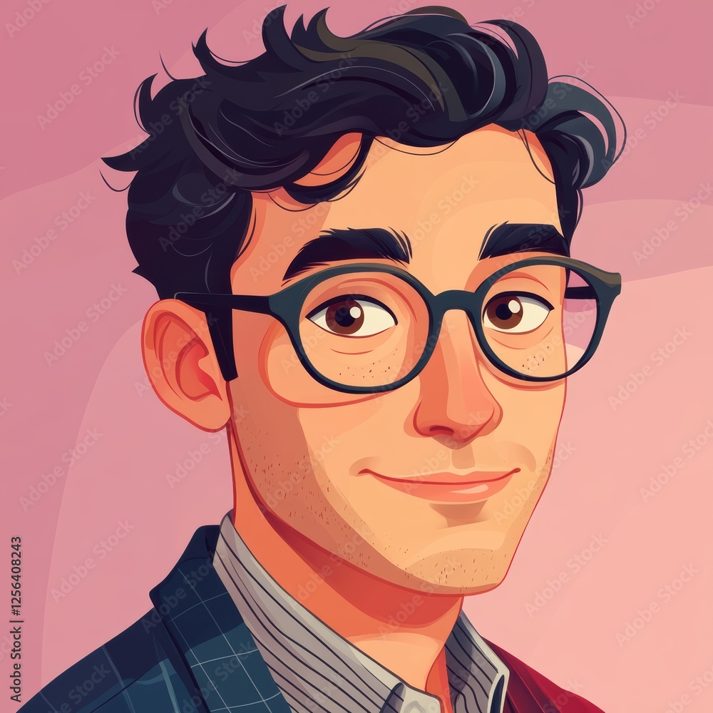 A young man with curly dark hair and round glasses smiles gently. He wears a stylish plaid jacket over a simple shirt. The background features soft, warm colors enhancing the cheerful mood A young man with curly dark hair and round glasses smiles gently. He wears a stylish plaid jacket over a simple shirt. The background features soft, warm colors enhancing the cheerful mood