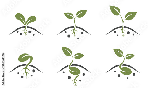 Growing sprout icon set. Seed germination, planting and seedling symbols. isolated vector images in simple style