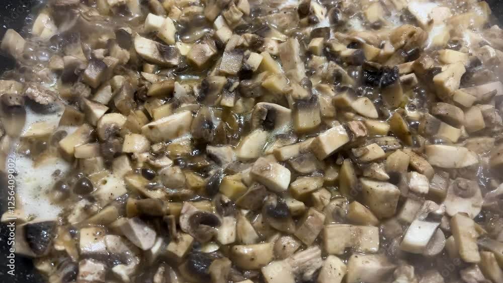 Stewing slicedchampignons in a frying pan on the stove. Top view. Stewing slicedchampignons in a frying pan on the stove. Top view.