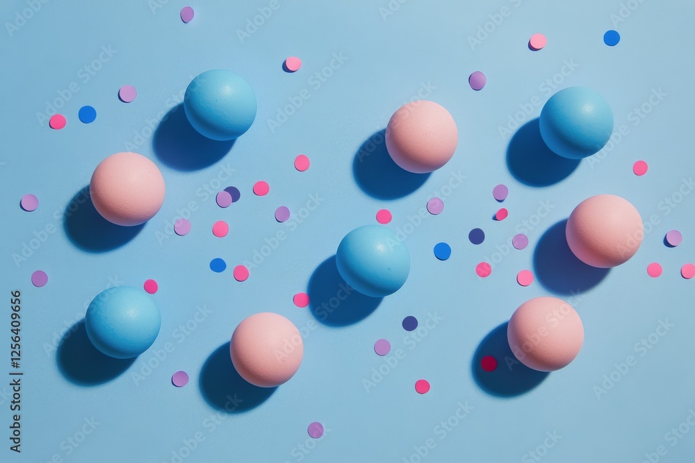 Colorful bath bombs and confetti arranged on a blue background for a fun spa day Colorful bath bombs and confetti arranged on a blue background for a fun spa day