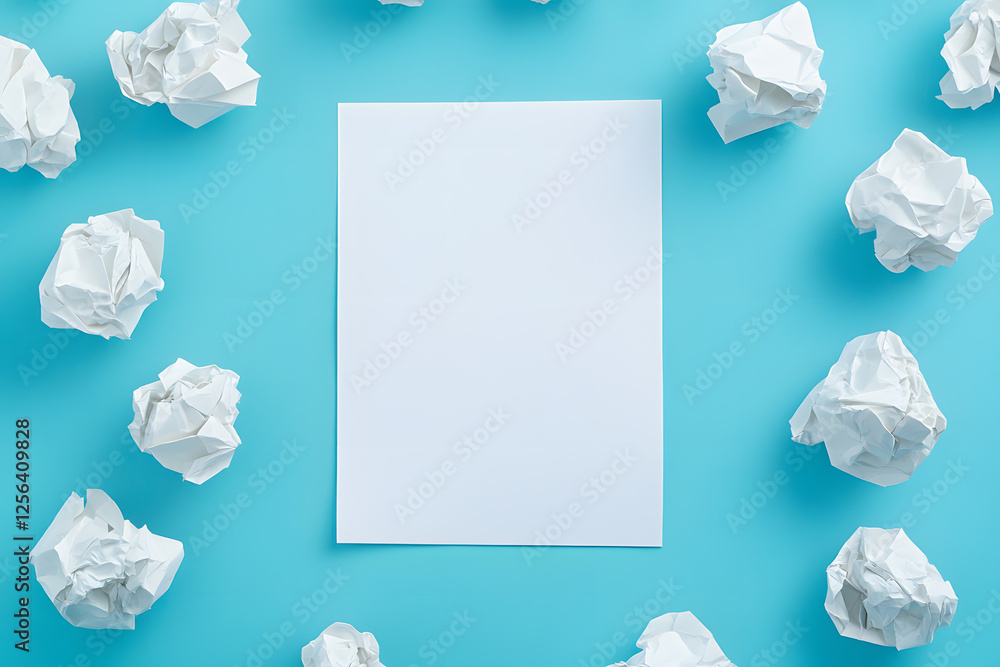 Naklejka premium Blank white paper and crumpled paper balls on a blue background. Idea generation or writer's block concept. Flat lay composition. Workspace.