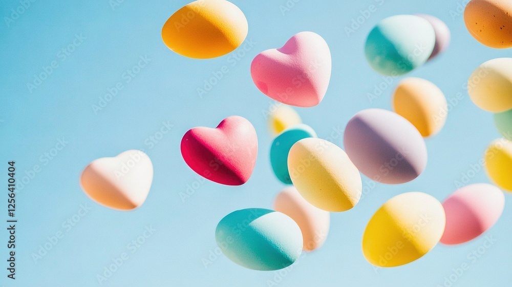 A beautiful array of heart-shaped candies levitating against a serene blue sky background A beautiful array of heart-shaped candies levitating against a serene blue sky background