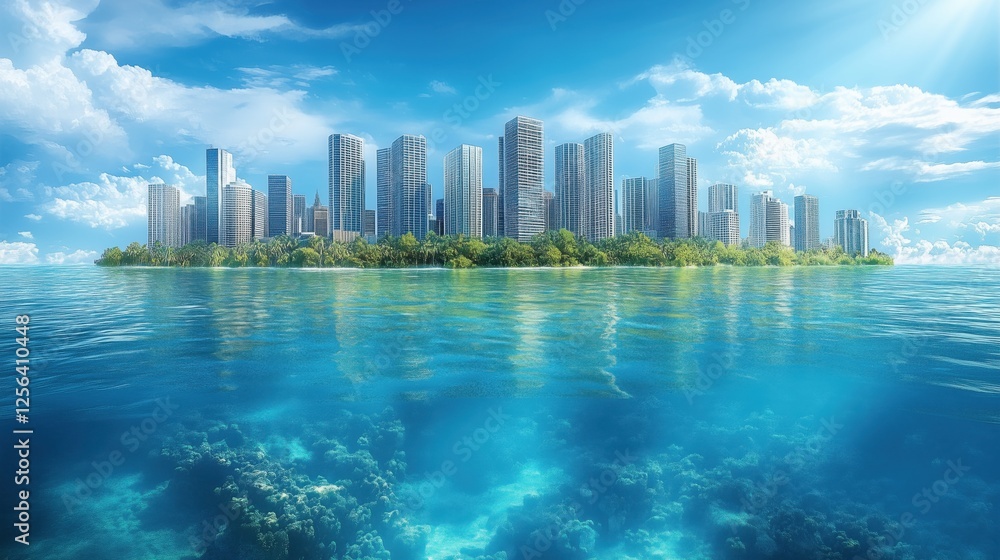 Fototapeta premium City built on tropical island surrounded by ocean and coral reef