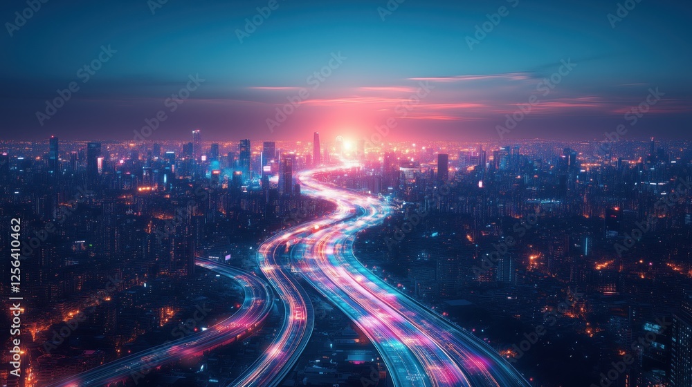Highway traffic trails winding through illuminated cityscape at sunset Highway traffic trails winding through illuminated cityscape at sunset